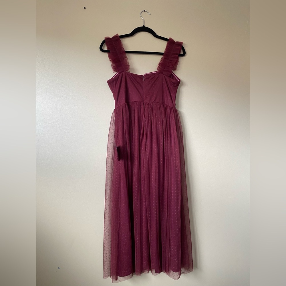 Divine Invitation Burgundy Tulle Swiss Dot Ruffled Midi Dress - Picture 3 of 5